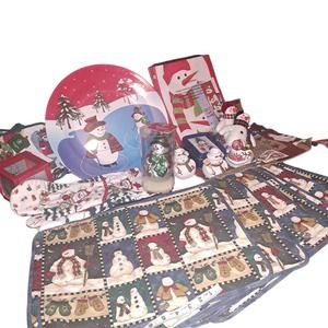 NWT-Country Snowman Decorations - 8 Cloth Placemats-Pot Holders-Candy Dish